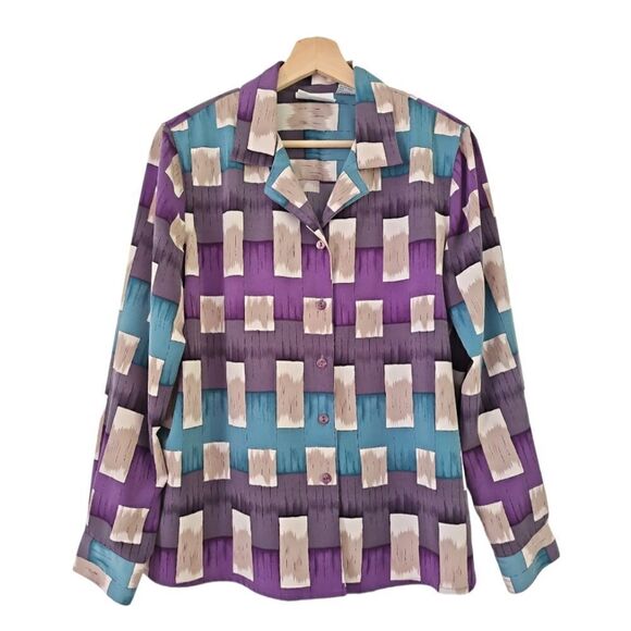 Alfred Dunner Button Down Top Vintage Patterned Collar Business Casual Size 14P - Picture 1 of 11